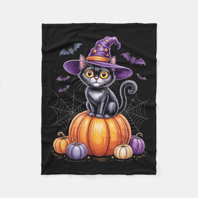 Black Cat On Pumpkin With Witch Hat Halloween Fleece Blanket (Front)