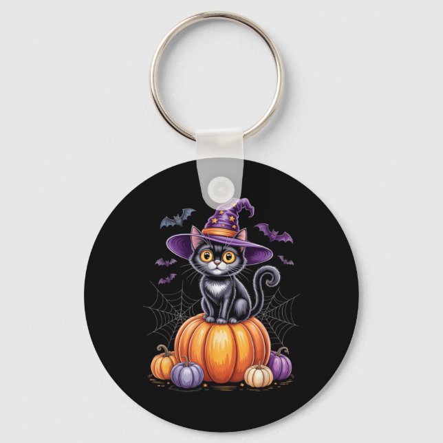 Black Cat On Pumpkin With Witch Hat Halloween Key Ring (Front)