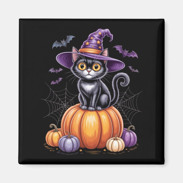 Black Cat On Pumpkin With Witch Hat Halloween Magnet (Front)