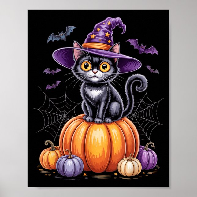 Black Cat On Pumpkin With Witch Hat Halloween Poster (Front)