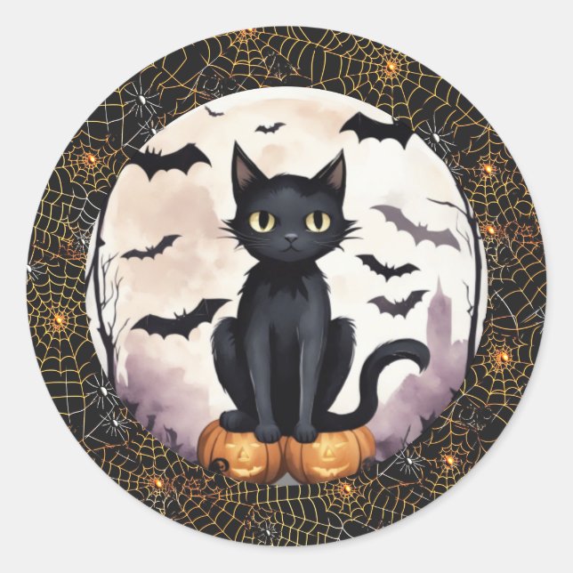 Black Cat on Pumpkins and Bats Halloween Sticker (Front)