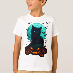 Black Cat on Pumpkins under Full Moon – Spooky Hal T-Shirt