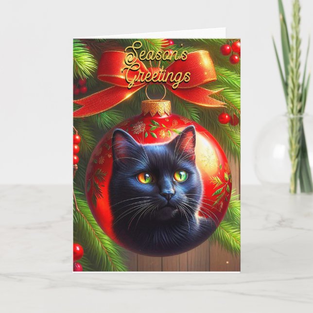 Black Cat on Red Ornament Christmas Card (Front)