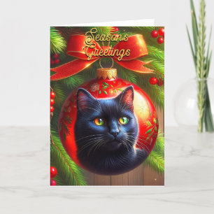 Black Cat on Red Ornament Christmas Card