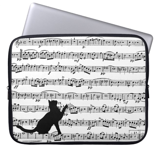 Black Cat on Sheet Music Laptop Sleeve (Front)