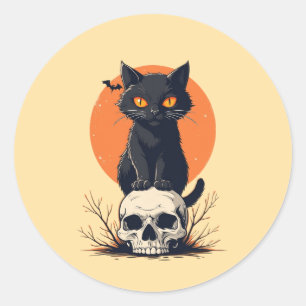 Black Cat on Skull Halloween Classic Round Sticker