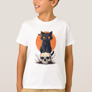 Black Cat on Skull Halloween T-Shirt