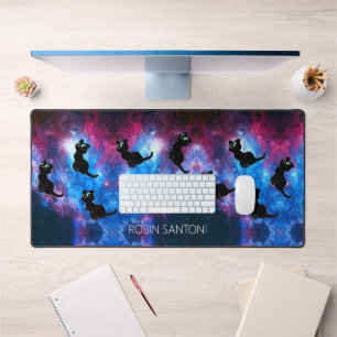 Black Cat on Space w/ Custom Name Desk Mat