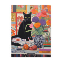 Black Cat on table with books flowers fruit