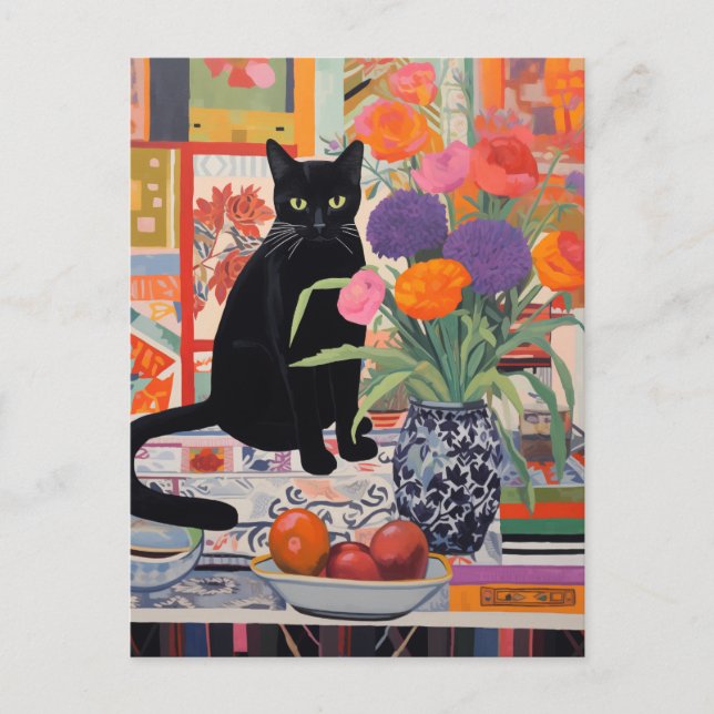 Black Cat on table with books flowers fruit Postcard (Front)