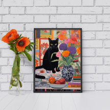 Black Cat on table with books flowers fruit