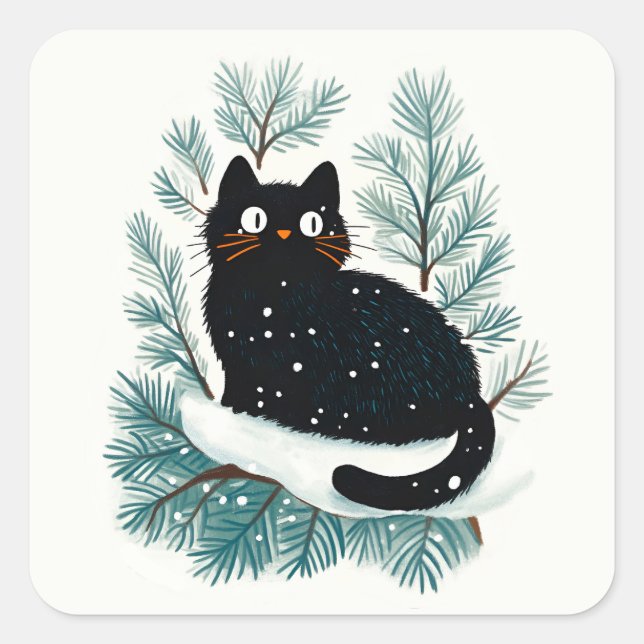 Black cat on the Christmas tree cute Square Sticker (Front)