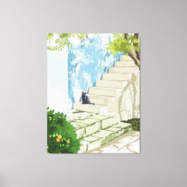 Black cat on the steps Poster, Greece Santorini Canvas Print (Front)