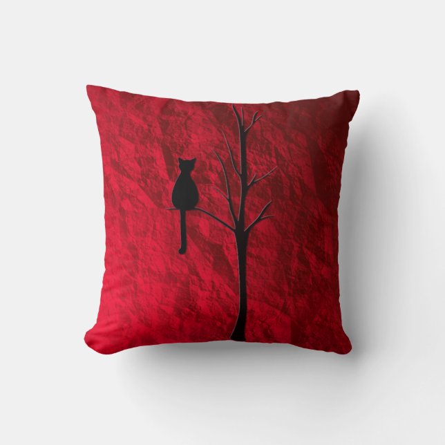 black cat on tree throw pillow (Front)