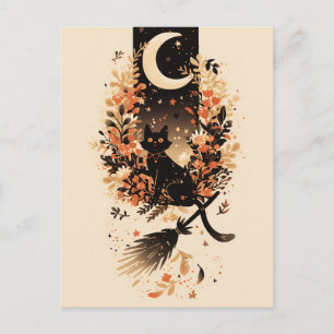 Black Cat on Witch’s Broom Under the Moon Holiday Postcard