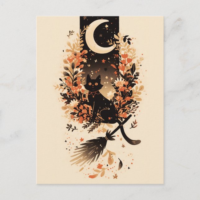 Black Cat on Witch’s Broom Under the Moon Holiday Postcard (Front)
