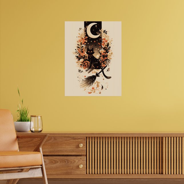 Black Cat on Witch’s Broom Under the Moon Poster (Living Room 2)