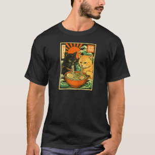 Black Cat Orange Cat Slurping Ramen Japanese Cat R T-Shirt