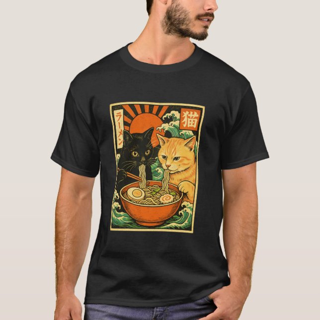 Black Cat Orange Cat Slurping Ramen Japanese Cat R T-Shirt (Front)