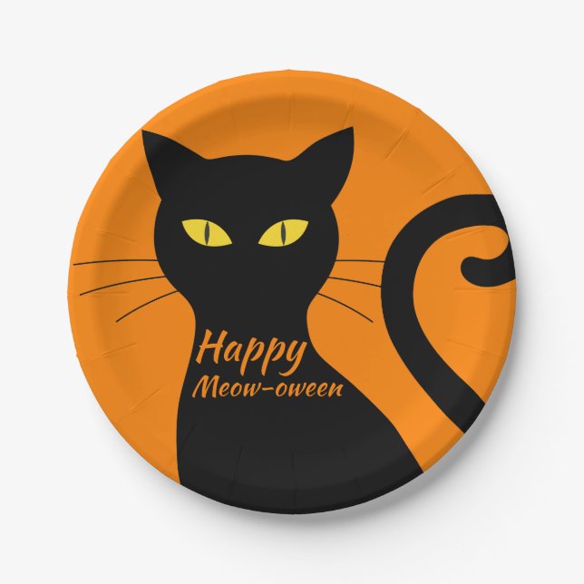 Black Cat Orange Halloween Party Paper Plate (Front)