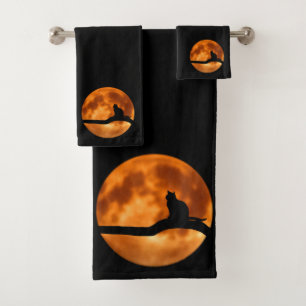 Black Cat Orange Moon Bath Towel Set