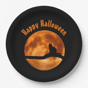 Black Cat Orange Moon Happy Halloween Paper Plate