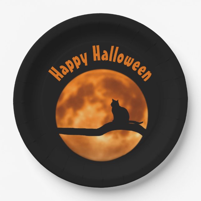 Black Cat Orange Moon Happy Halloween Paper Plate (Front)
