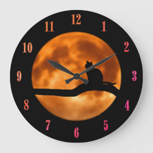Black Cat Orange Moon Large Clock