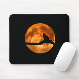 Black Cat Orange Moon Mouse Mat