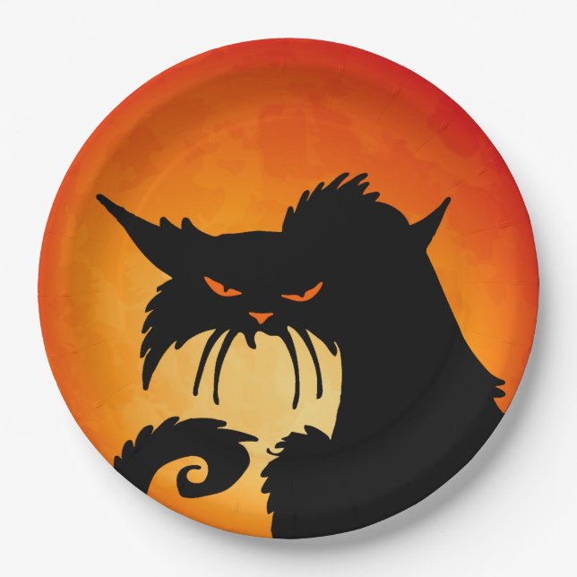 Black Cat Orange Moon Paper Plate (Front)