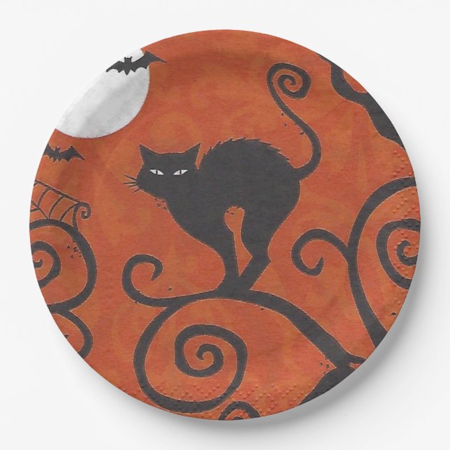 black cat orange paper plate (Front)