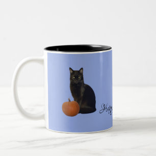 Black Cat Orange Pumpkins Happy Halloween on Blue Two-Tone Coffee Mug