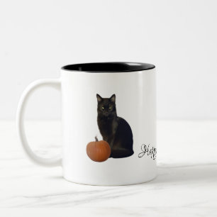 Black Cat Orange Pumpkins Happy Halloween on White Two-Tone Coffee Mug