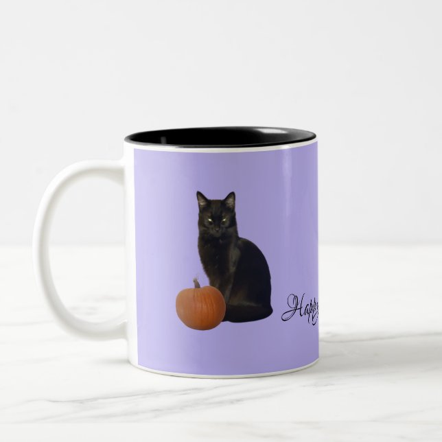 Black Cat Orange Pumpkins Happy Halloween Purple Two-Tone Coffee Mug (Left)
