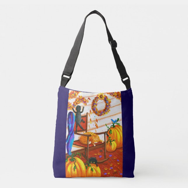 Black Cat Orange Tabby Cat Fall Pumpkins Crossbody Bag (Front)