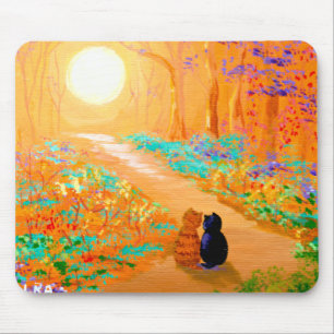 Black Cat Orange Tabby Cat Forest Mouse Mat