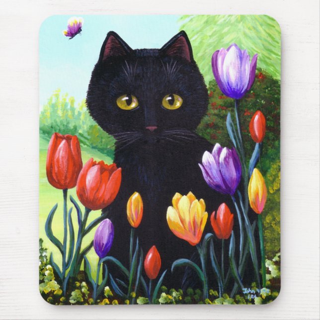 Black Cat Original Art Tulips Flowers Creationarts Mouse Mat (Front)