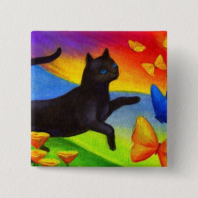 Black Cat Painting Butterflies Art - Multi 15 Cm Square Badge (Front)