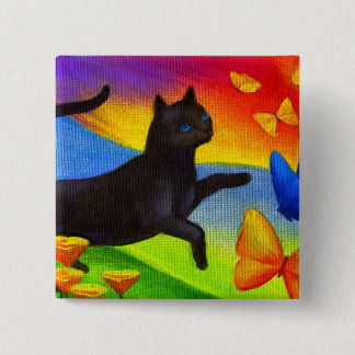 Black Cat Painting Butterflies Art - Multi 15 Cm Square Badge