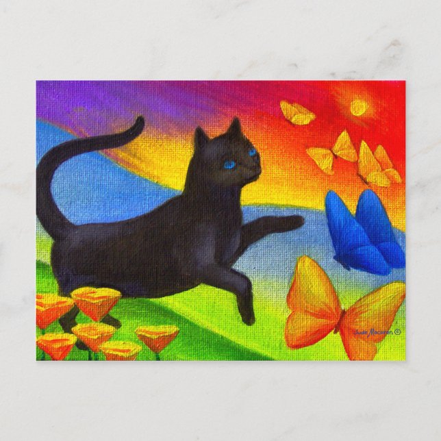 Black Cat Painting On Postcards Feline Butterflies (Front)