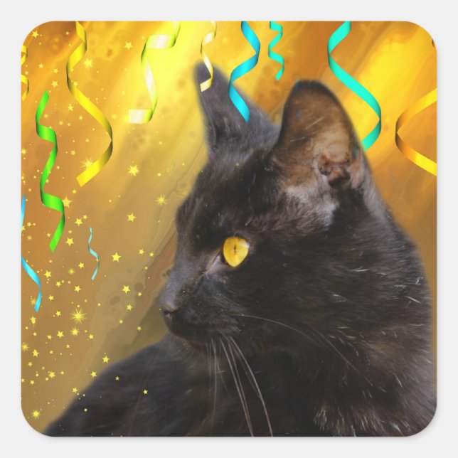 Black cat party square sticker (Front)