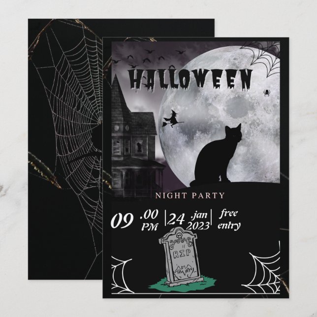  Black Cat Pastel Halloween witches Party Invit Holiday Card (Front/Back)