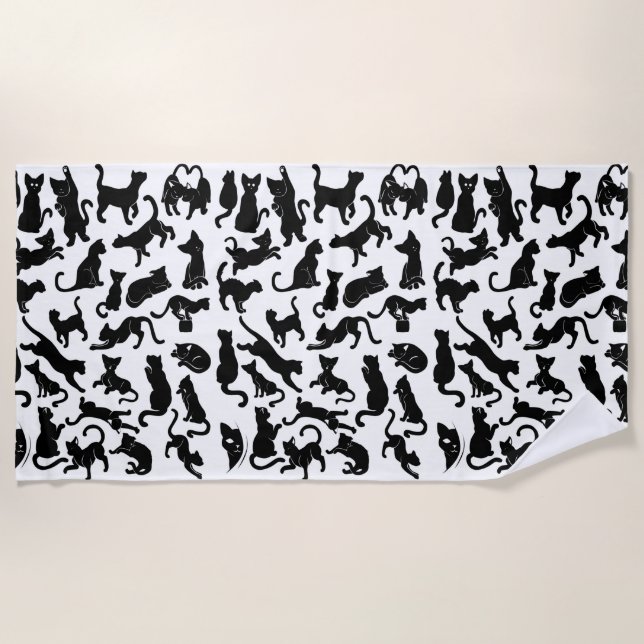 Black Cat Pattern Beach Towel (Front)