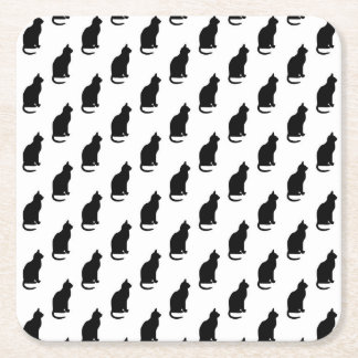 Black Cat Pattern Cats Texture White Background Square Paper Coaster
