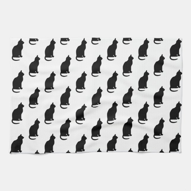 Black Cat Pattern Cats Texture White Background Tea Towel (Horizontal)
