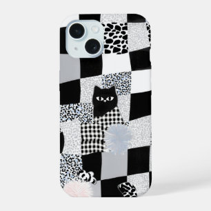 Black Cat Pattern Gingham Mixed Checkered Cheetah iPhone 15 Case