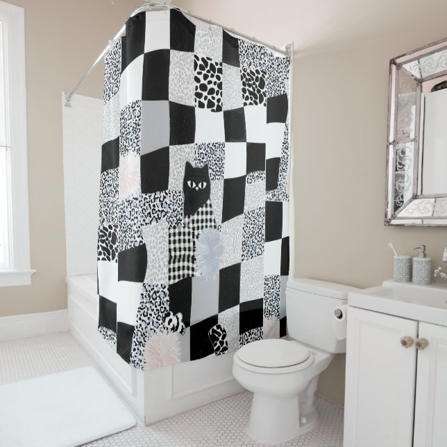 Black Cat Pattern Gingham Mixed Checkered Cheetah  Shower Curtain (In Situ)