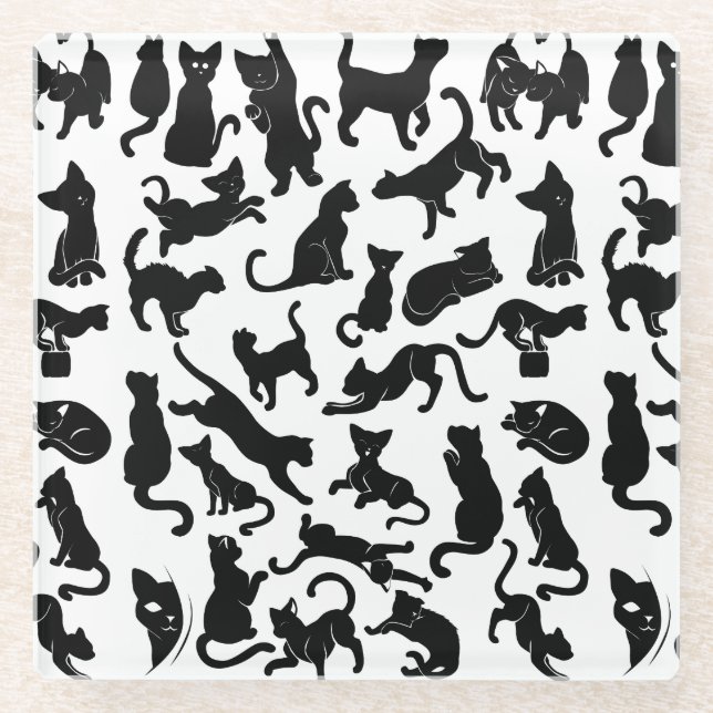 Black Cat Pattern Glass Coaster (Front)