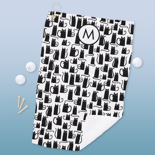 Black Cat Pattern Monogram Golf Towel (Fun black cat pattern personalized monogram initial golf towel)