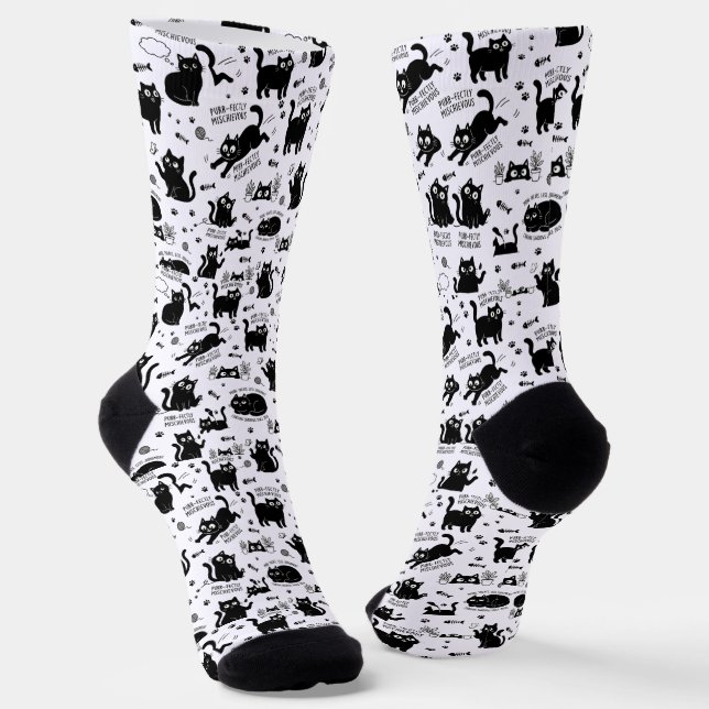 Black Cat Pattern Socks – Funny Cartoon Feline (Angled)